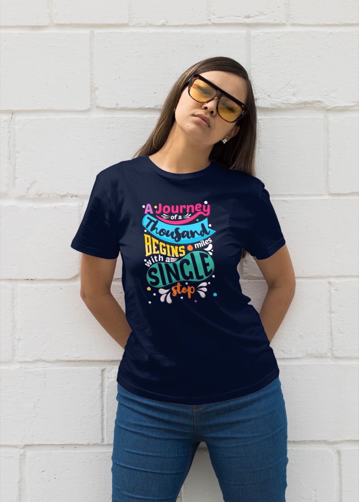 Journey of a Thousand Miles – Statement Navy Blue Cotton T-shirt a journey of a thousand miles navy model1