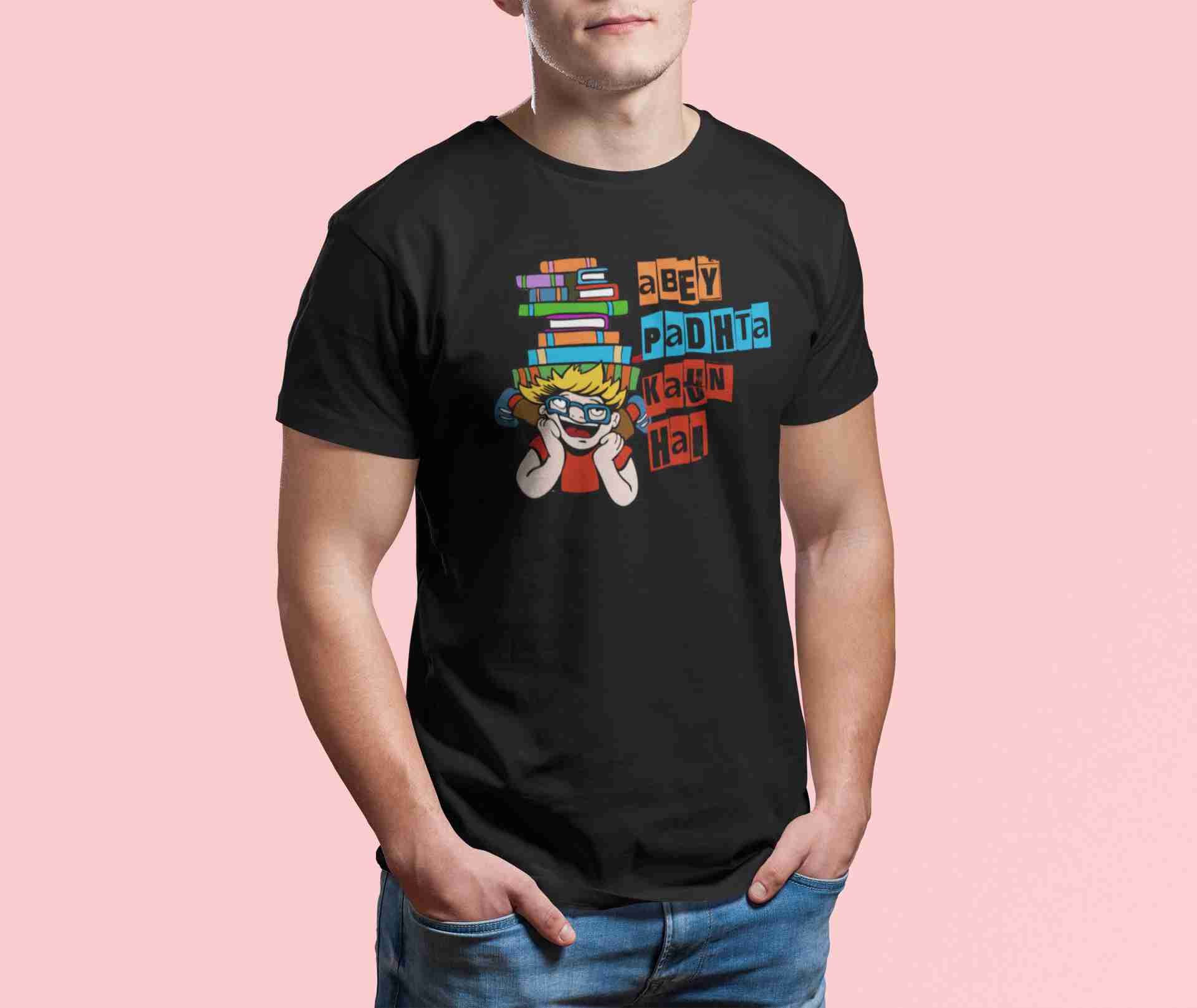 Abey Padhta Kaun Hai – Black Printed T-Shirt – Funny Student Quote Tee abey padhta kaun hai tshirt5
