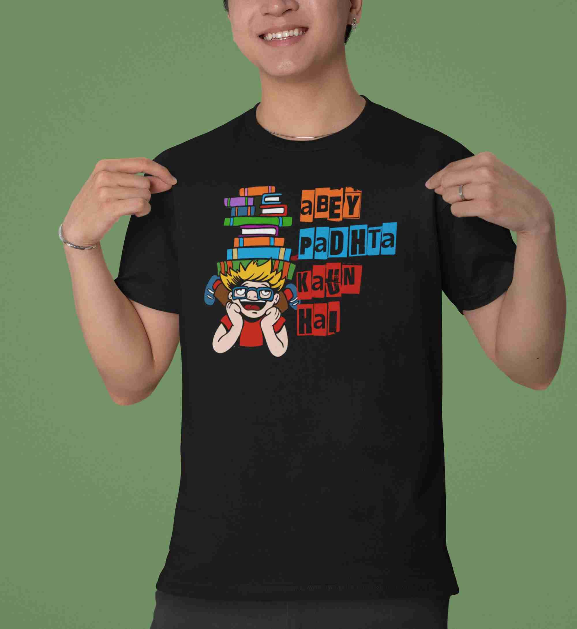 Abey Padhta Kaun Hai – Black Printed T-Shirt – Funny Student Quote Tee abey padhta kaun hai tshirt6