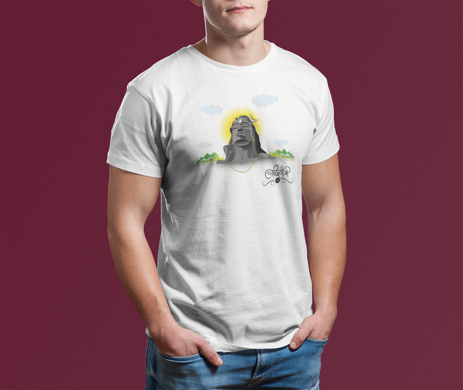 Adiyogi Shiva White T-Shirt | Spiritual Printed Cotton Tee for Men & Women adiyogi spiritual white printed tshirt model6