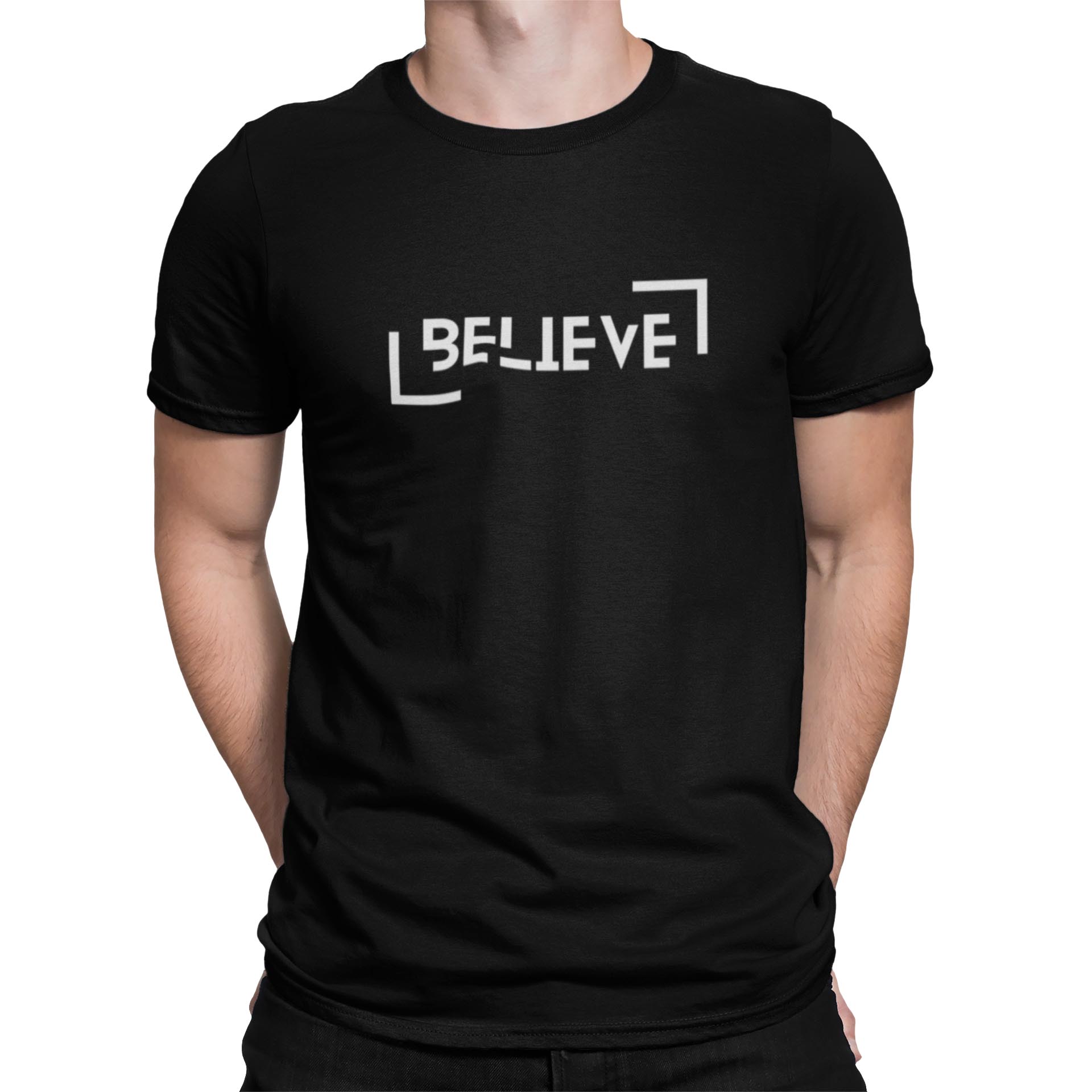 ‘Believe’ Motivational Quote Black Tshirt believe black t shirt model1