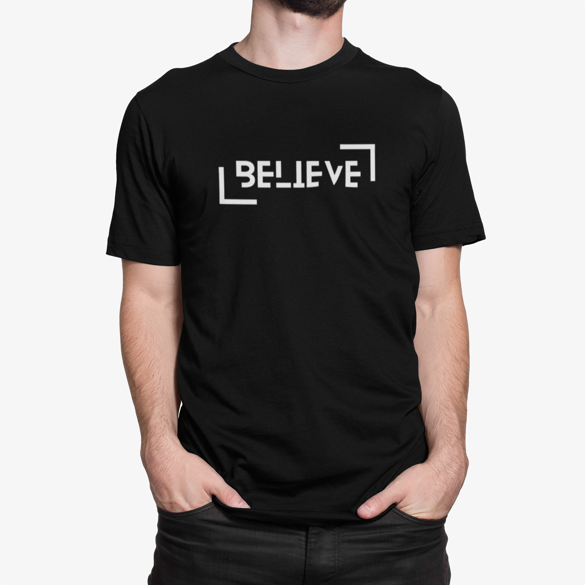 ‘Believe’ Motivational Quote Black Tshirt believe black t shirt model2
