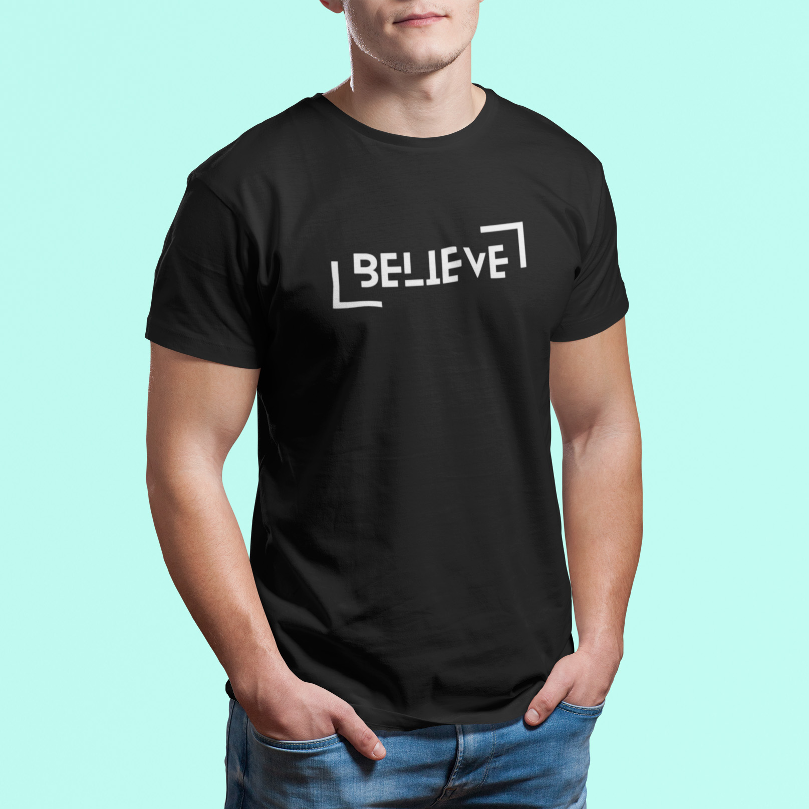 ‘Believe’ Motivational Quote Black Tshirt believe black t shirt model4