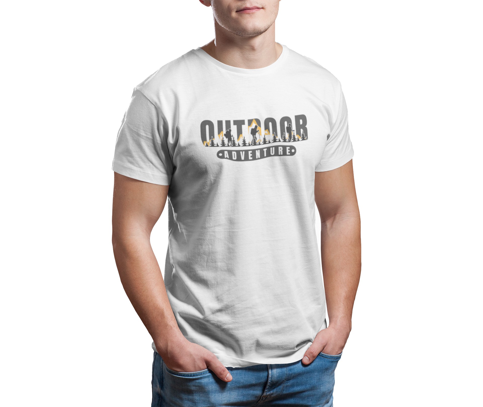 Outdoor Adventure – White Travel T-shirt cropped face t shirt mockup featuring a man at a studio 2974 el1 (1)
