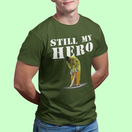 Still My Hero – Cricket Tribute Printed T-Shirt (Olive Green) dhoni still my hero olive tshirt4