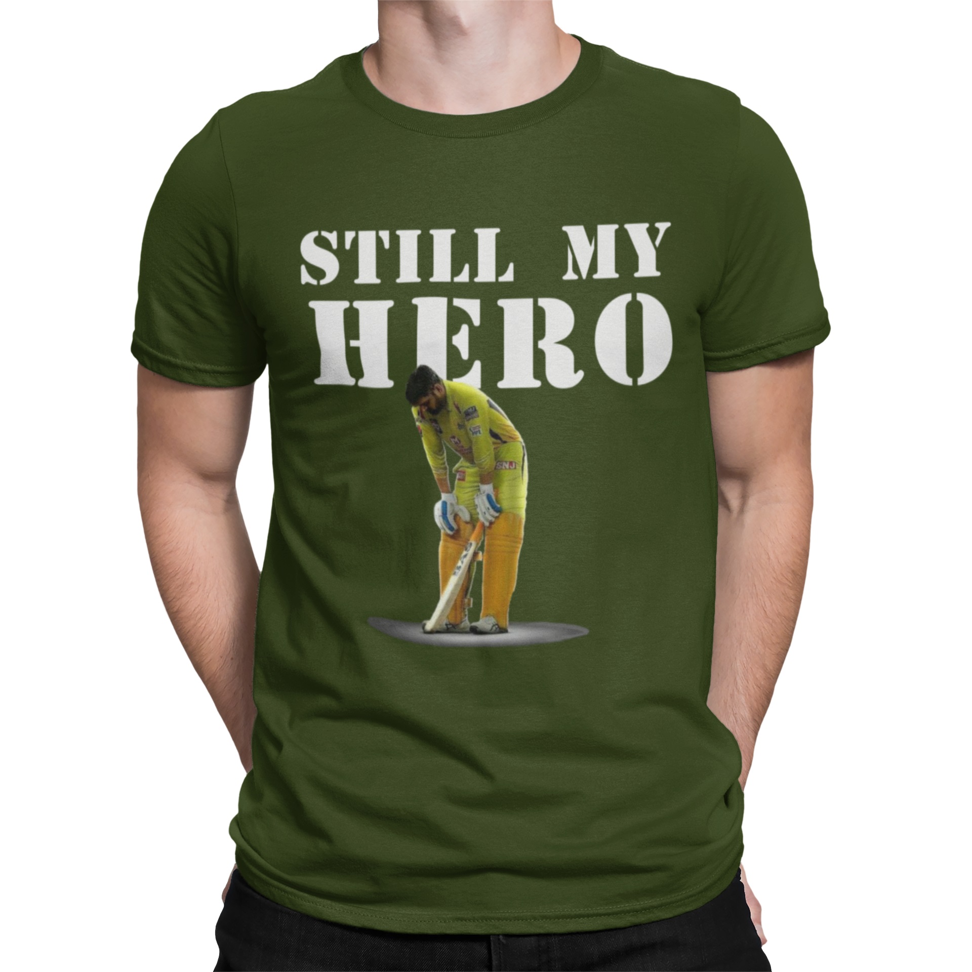 Still My Hero – Cricket Tribute Printed T-Shirt (Olive Green) dhoni still my hero