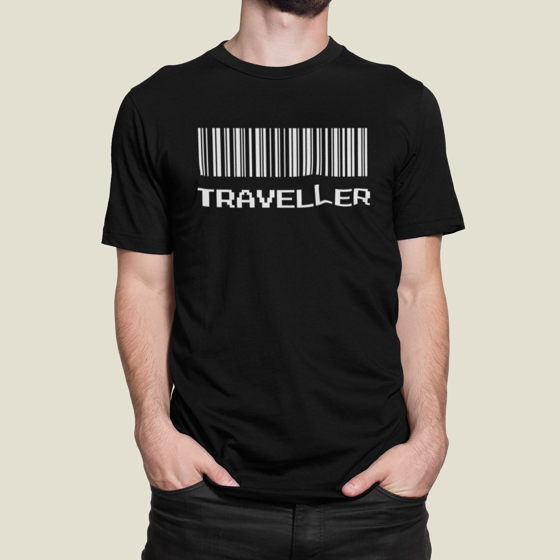 Traveller (Barcode) – Black T-shirt front view mockup of a man wearing a crew neck tee in a studio 1420 el (31)