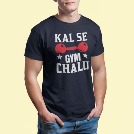Kal Se Gym Chalu – Funny Navy Blue Cotton T-shirt kal se gym chalu gym tshirt navy model4