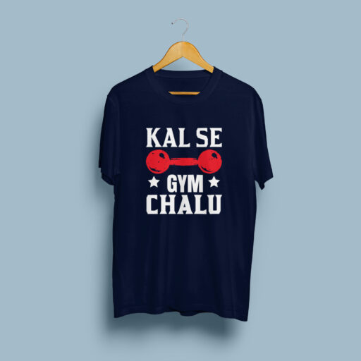 Kal Se Gym Chalu – Funny Navy Blue Cotton T-shirt kal se gym chalu gym tshirt navy model5
