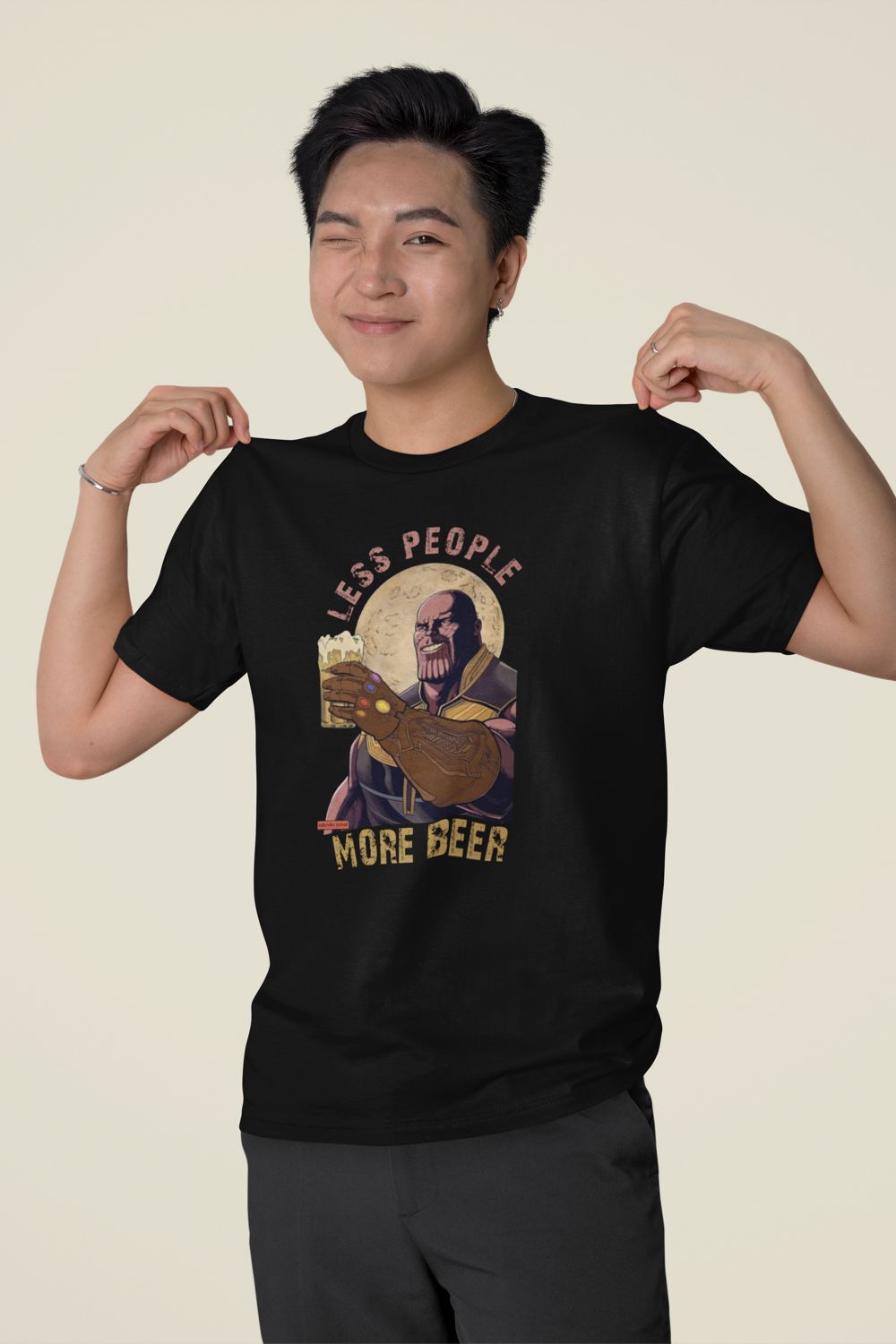 Less People More Beer – Black Printed T-Shirt – Funny Pop Culture Graphic Tee (Unisex) less people more beer thanos black2