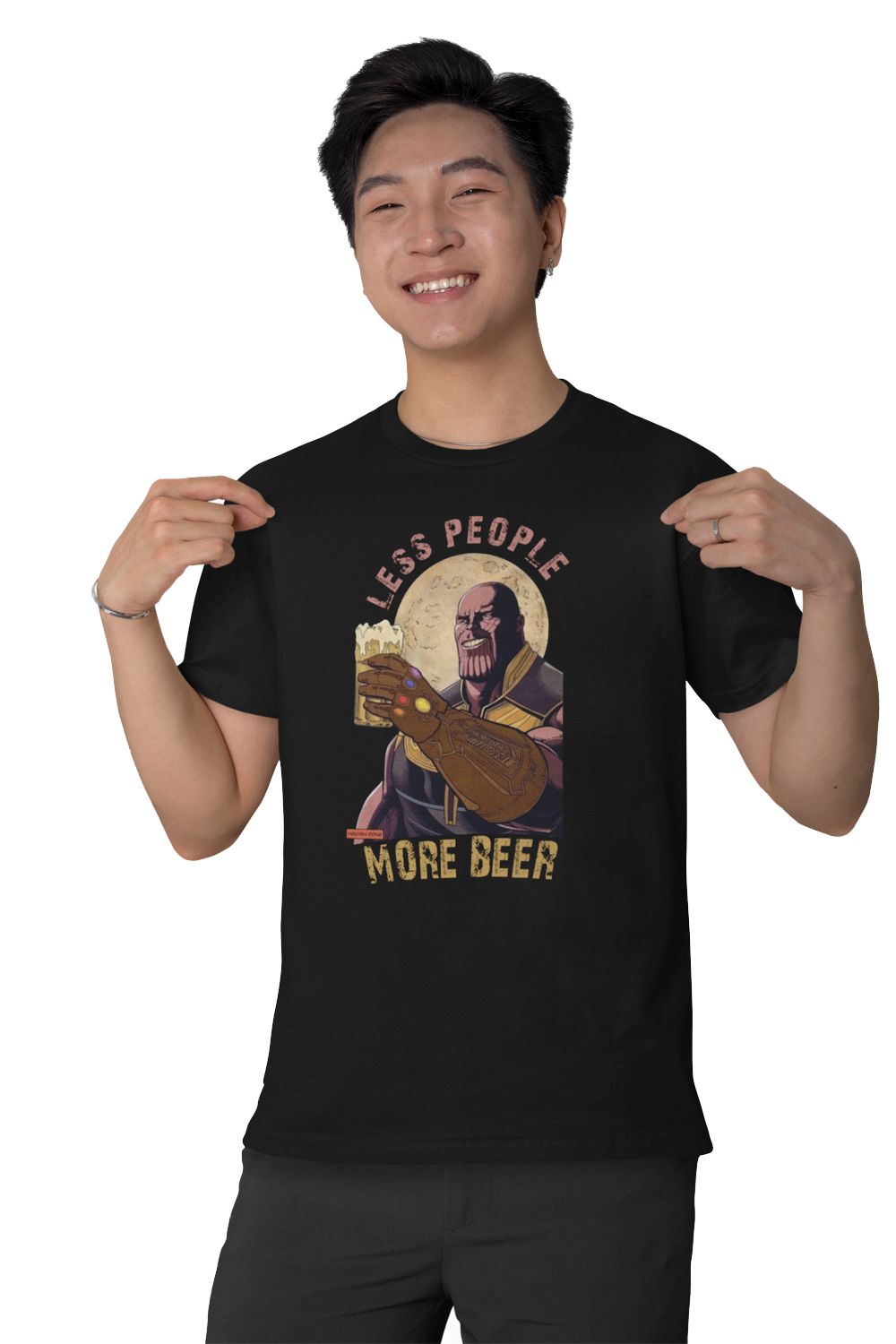 Less People More Beer – Black Printed T-Shirt – Funny Pop Culture Graphic Tee (Unisex) less people more beer thanos black3