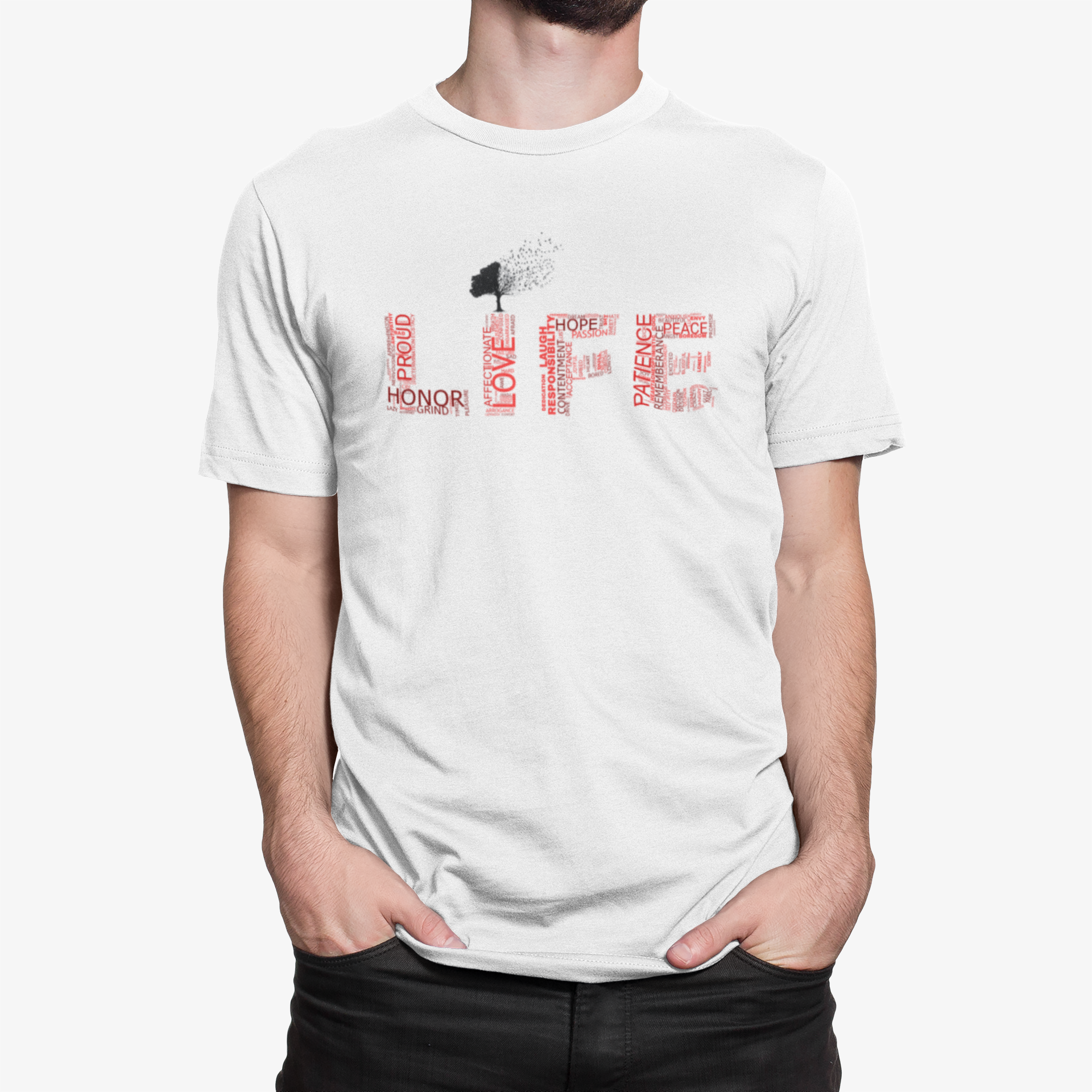 “Meaning of Life” word cloud White Statement T-Shirt meaning of life wordcloud model2
