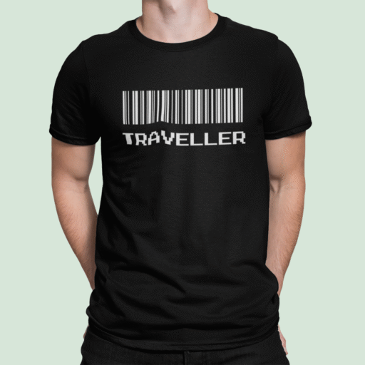 Traveller (Barcode) – Black T-shirt mockup of a man wearing a customizable t shirt against a plain color backdrop 1422 el1