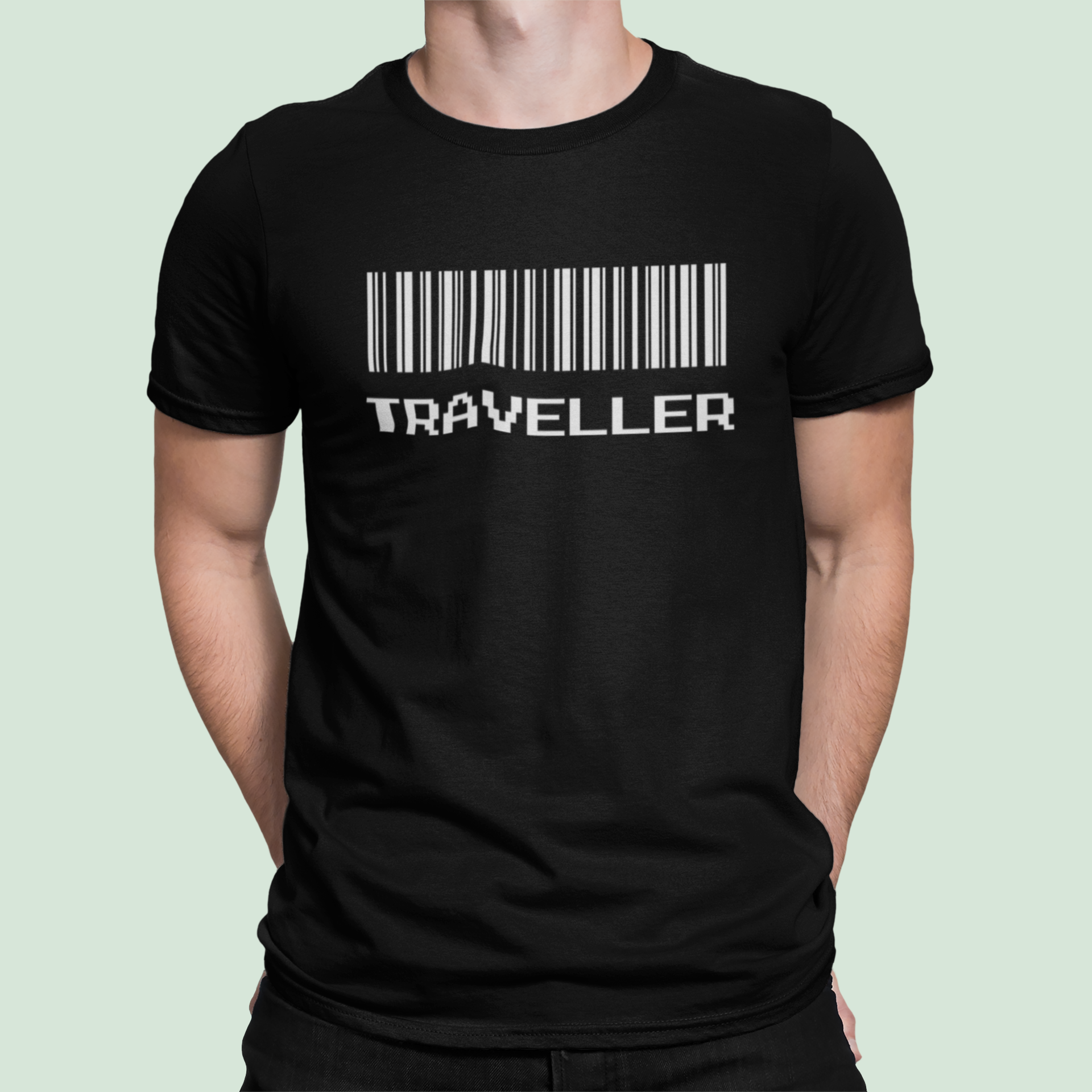 Traveller (Barcode) – Black T-shirt mockup of a man wearing a customizable t shirt against a plain color backdrop 1422 el1