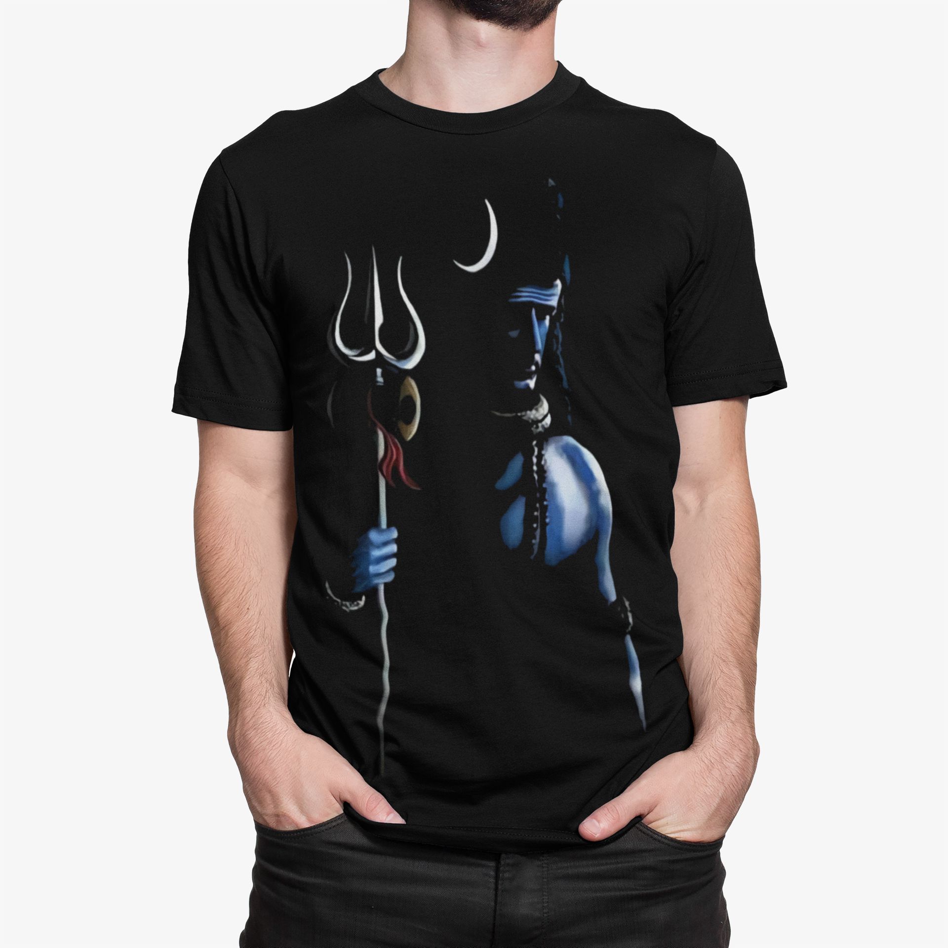 Lord Shiva Black T-Shirt for Men – Mahadev Trishul Blue Silhouette Design | Mahashivratri Special shiva black blue dark silhouette design tshirt 3