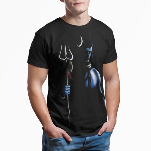 Lord Shiva Black T-Shirt for Men – Mahadev Trishul Blue Silhouette Design | Mahashivratri Special shiva black blue dark silhouette design tshirt 4