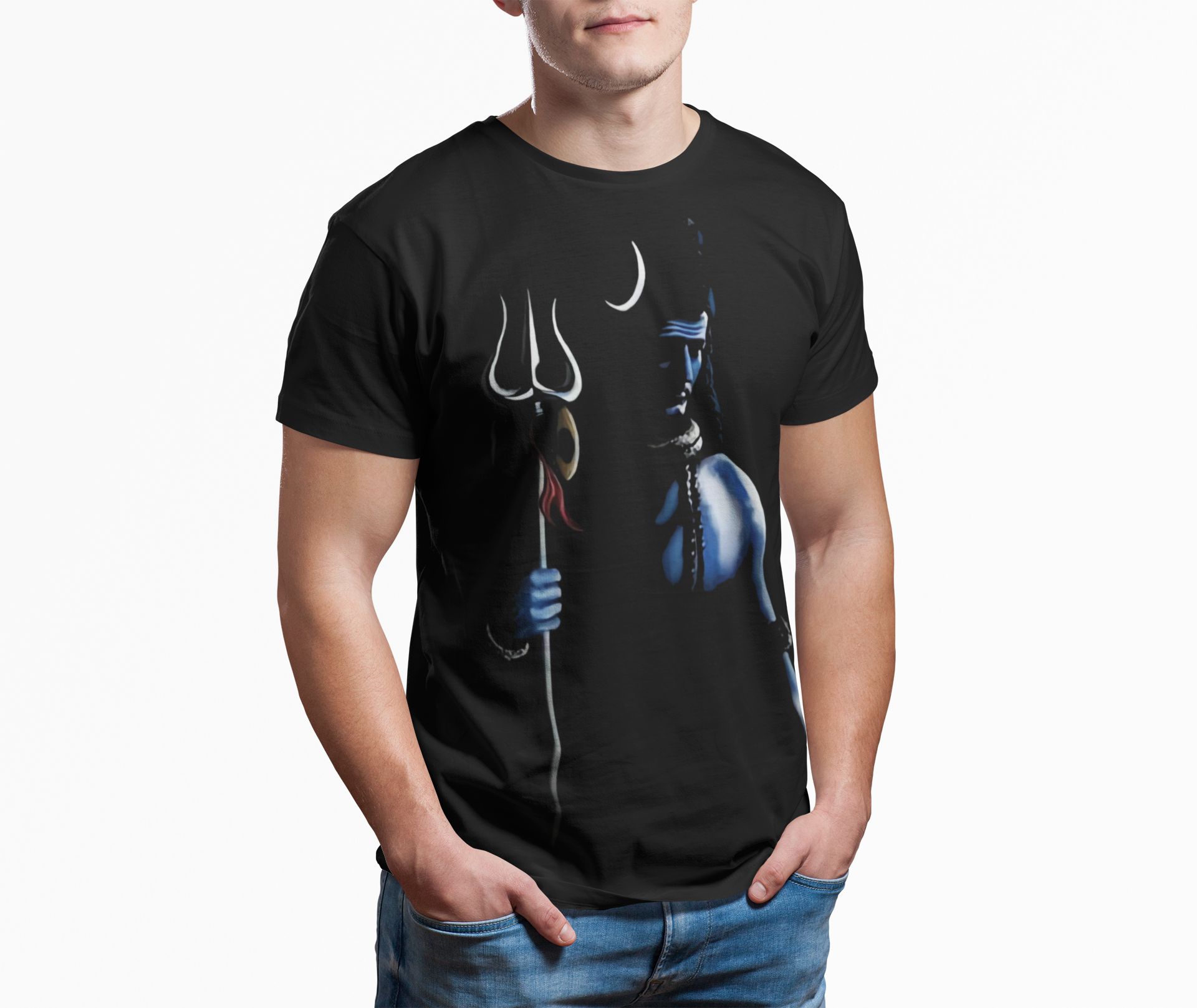 Lord Shiva Black T-Shirt for Men – Mahadev Trishul Blue Silhouette Design | Mahashivratri Special shiva black blue dark silhouette design tshirt 4