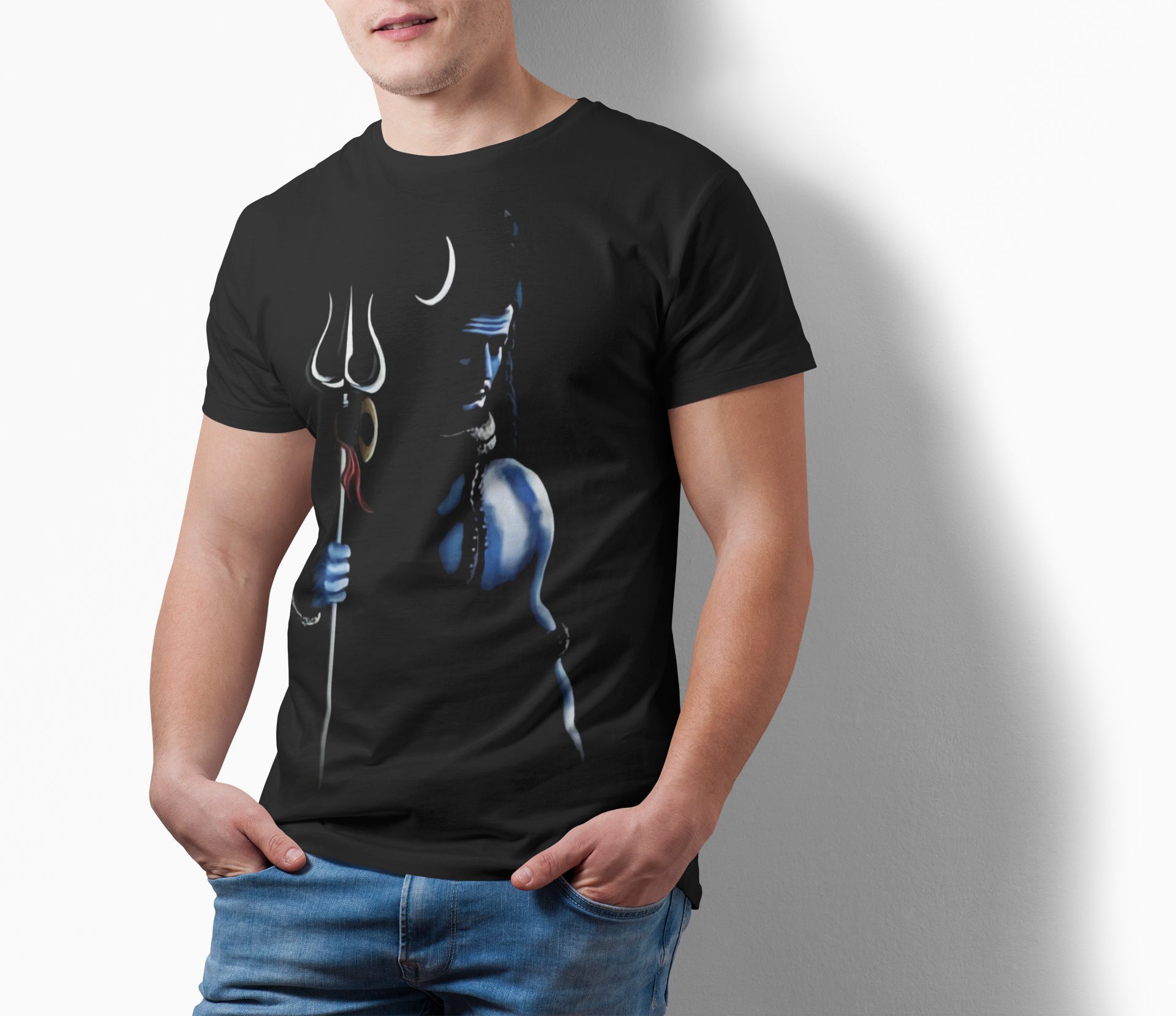 Lord Shiva Black T-Shirt for Men – Mahadev Trishul Blue Silhouette Design | Mahashivratri Special shiva black blue dark silhouette design tshirt 5