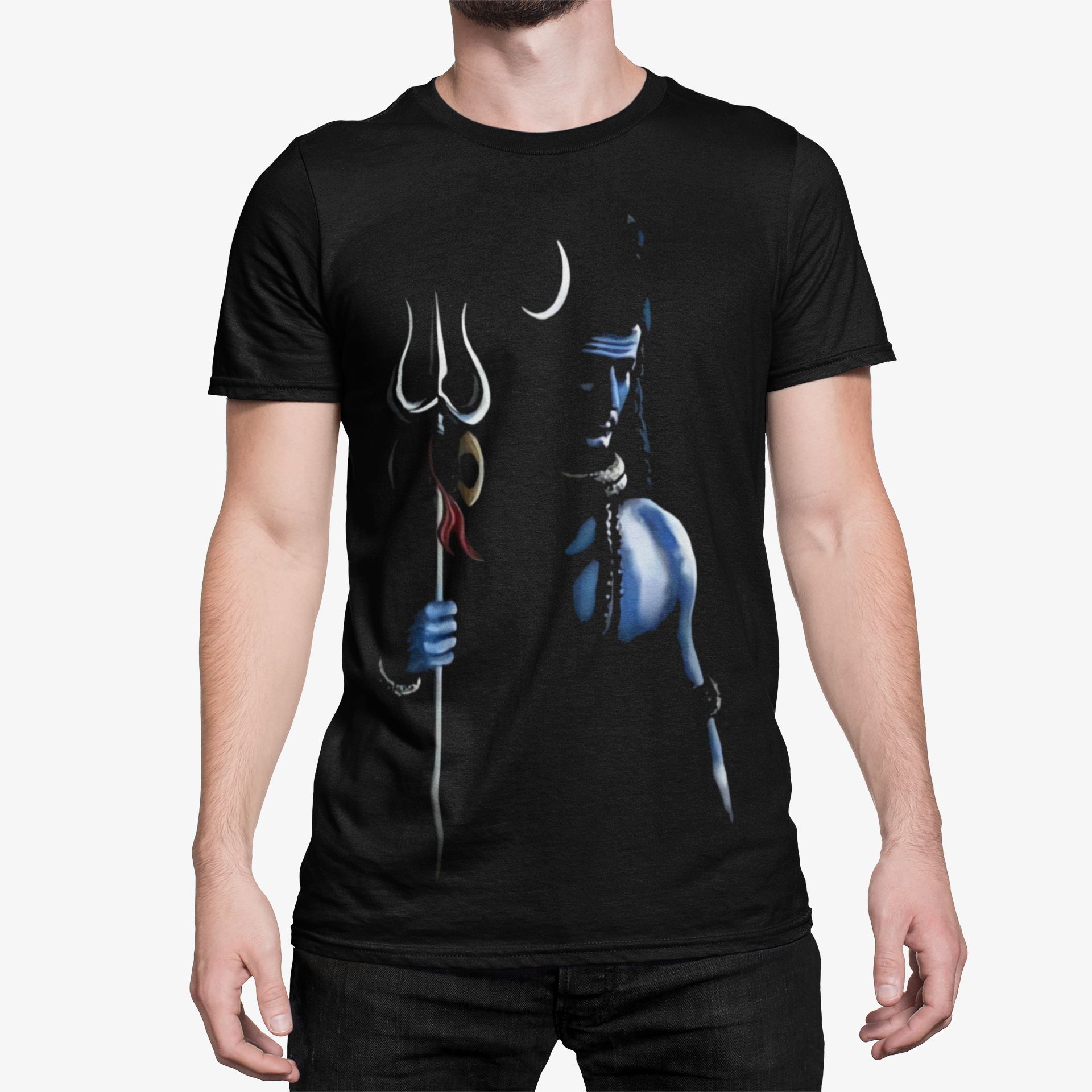 Lord Shiva Black T-Shirt for Men – Mahadev Trishul Blue Silhouette Design | Mahashivratri Special shiva black blue dark silhouette design tshirt 6