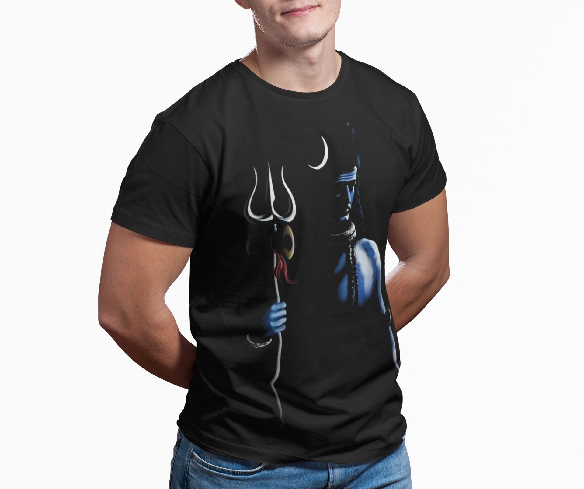 Lord Shiva Black T-Shirt for Men – Mahadev Trishul Blue Silhouette Design | Mahashivratri Special shiva black blue dark silhouette design tshirt 7