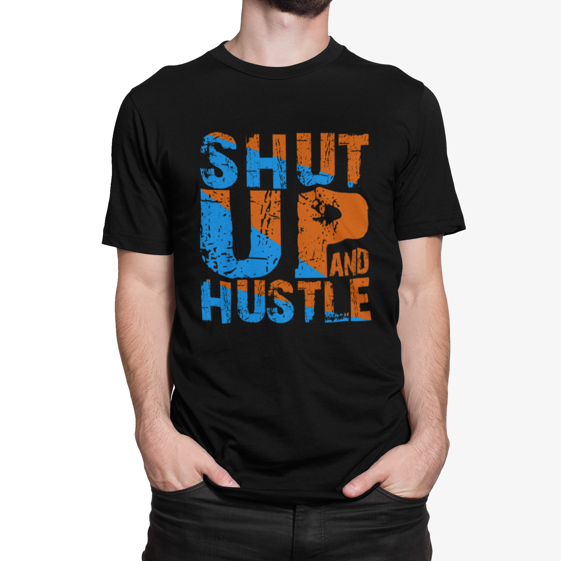 Shut Up and Hustle – Statement Navy Blue T-shirt shut up and hustle tshirt white bg