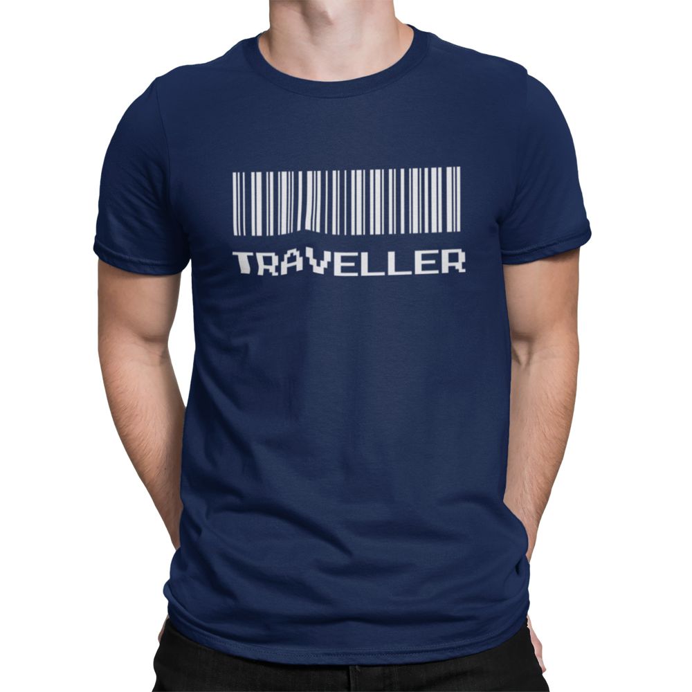 Traveller Barcode – Navy Blue Printed T-Shirt – Adventure Graphic Tee traveller navy tshirt 1
