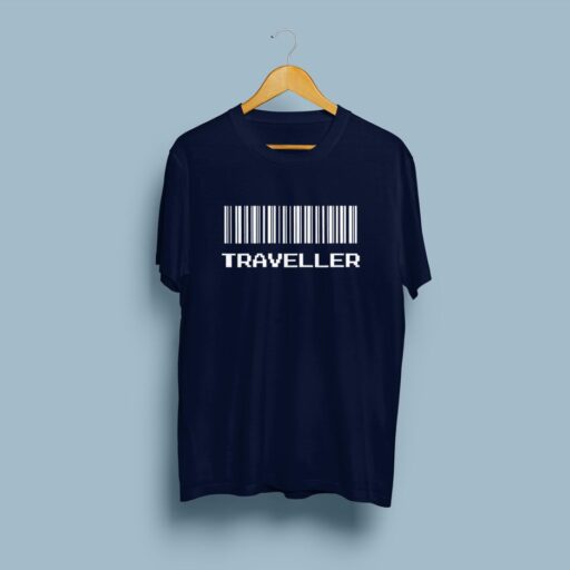 Traveller Barcode – Navy Blue Printed T-Shirt – Adventure Graphic Tee traveller navy tshirt 3