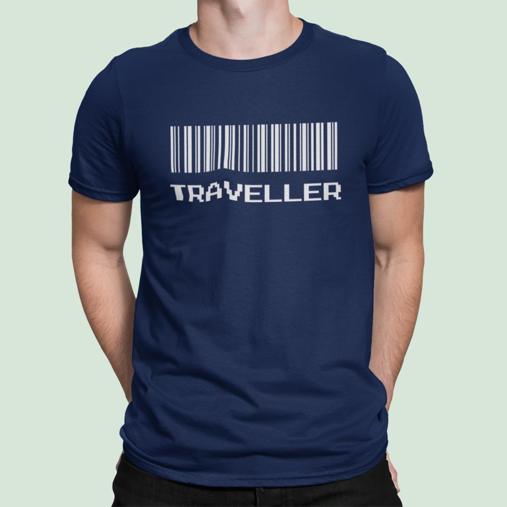 Traveller Barcode – Navy Blue Printed T-Shirt – Adventure Graphic Tee traveller navy tshirt 4