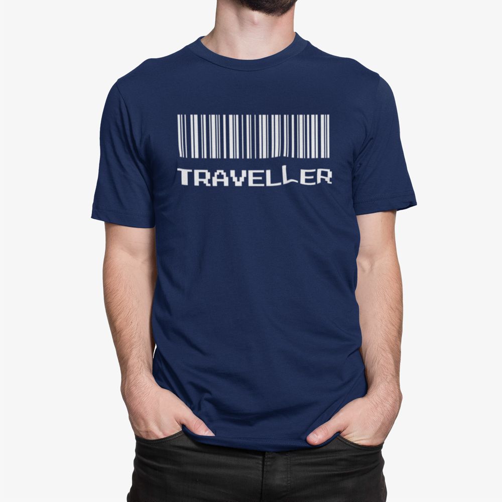 Traveller Barcode – Navy Blue Printed T-Shirt – Adventure Graphic Tee traveller navy tshirt 5