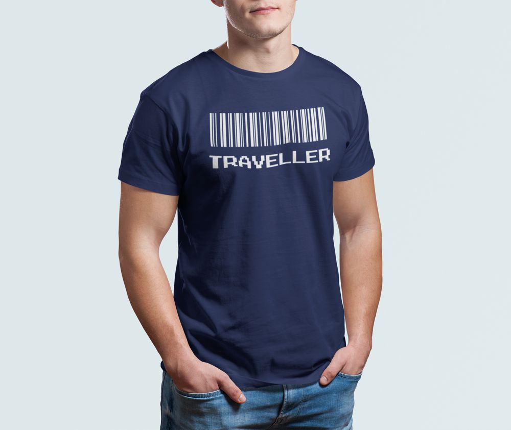 Traveller Barcode – Navy Blue Printed T-Shirt – Adventure Graphic Tee traveller navy tshirt 6