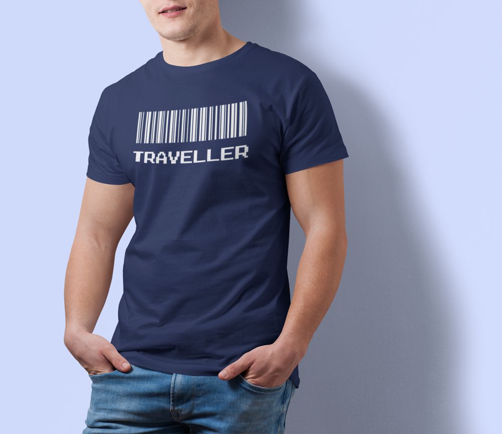 Traveller Barcode – Navy Blue Printed T-Shirt – Adventure Graphic Tee traveller navy tshirt 7